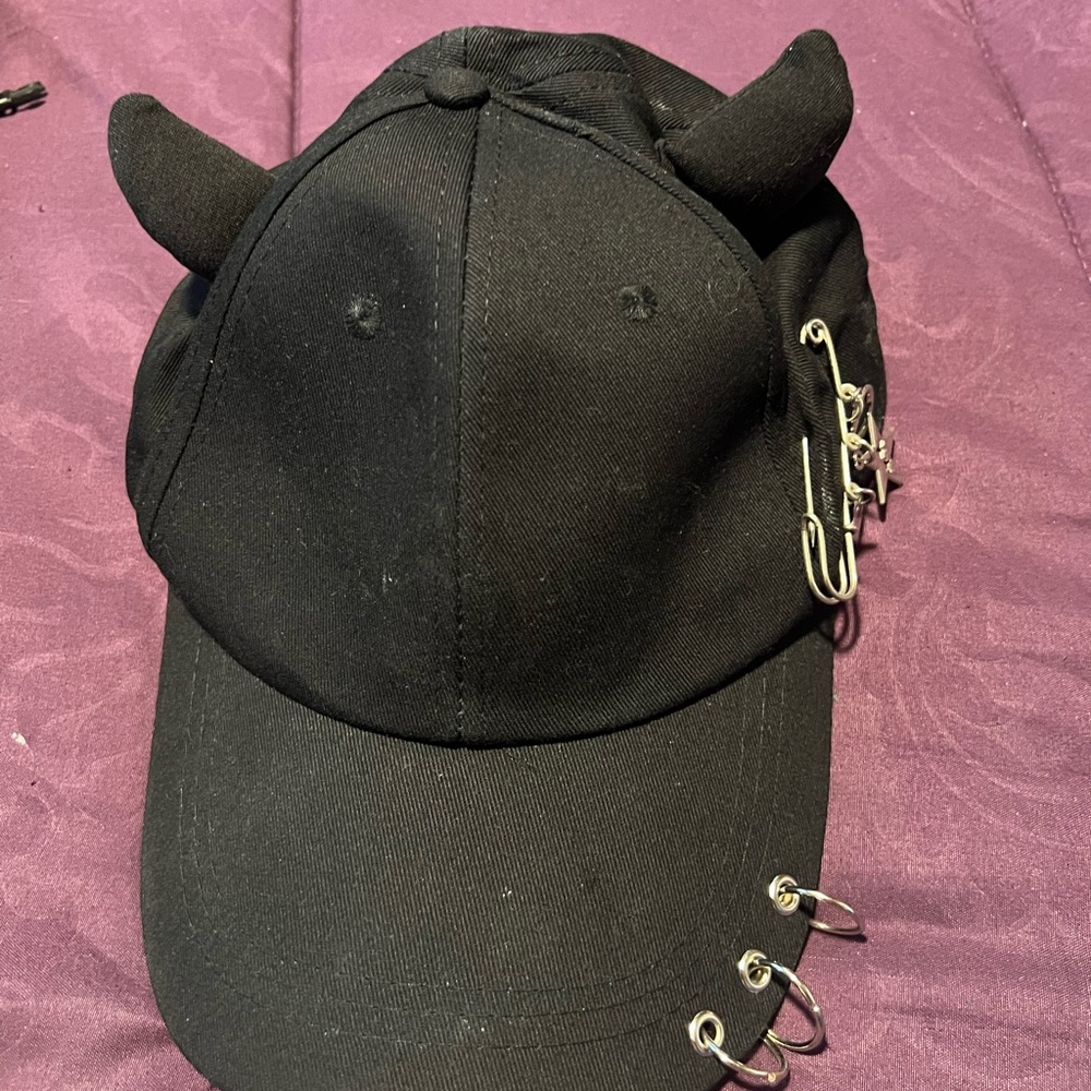 Black Kids Cap with Horns and Safety Pins